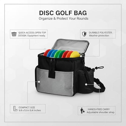 Disc Golf Bag with Shoulder Strap, Compact Polyester Carrier for Organizing Discs, Black Storage Case 9.8 x 5.9 x 9.4 Inches