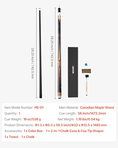 VEVOR Pool Cue, Pool Stick, 58 inch Billiard Pools Cue Stick with Multi-Layer Tip & ABS Connection Ring, Cues Sticks for Professional Pool Table, Bar, Home, Office - style: 1 Piece Pool Stick