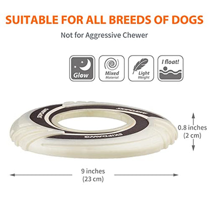 SKIPDAWG Dog Glow Tug Toy, Flying Disc Dog Toy Light Weight TPR/Nylon Fabric Non-Toxic Material, Pet Training Toys/Outdoor Night Exercise Toys for Dogs, Diameter 9 Inches - color: Glow White