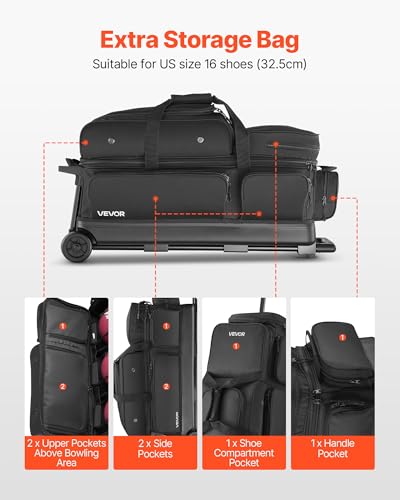 VEVOR Bowling Ball Bag, 3 Ball Double Roller Bowling Bag with Wheels, Featuring a Separate Compartment for Shoes (Up To US Size 16) & Oversized Accessory Pocket, Retractable Handle Extends to 41.34 in - style: Black