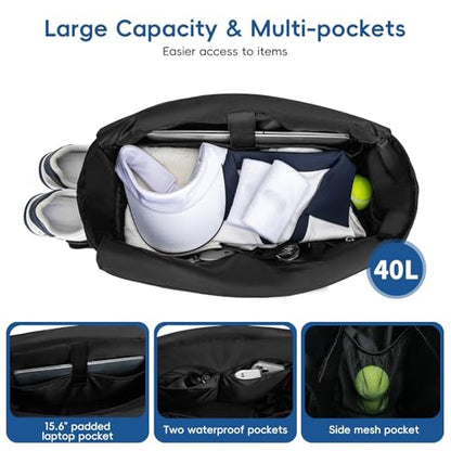 KAVIGOR Tennis Tote Bag with Shoe Compartment - Extra-Large Quilted Pickleball Bag Holds 2-4 Rackets, Water-Resistant & Lightweight for Men & Women - color: Black