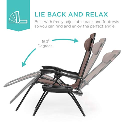 Best Choice Products Set of 2 Adjustable Steel Mesh Zero Gravity Lounge Chair Recliners w/Pillows and Cup Holder Trays - Brown - color: Brown, size: Standard