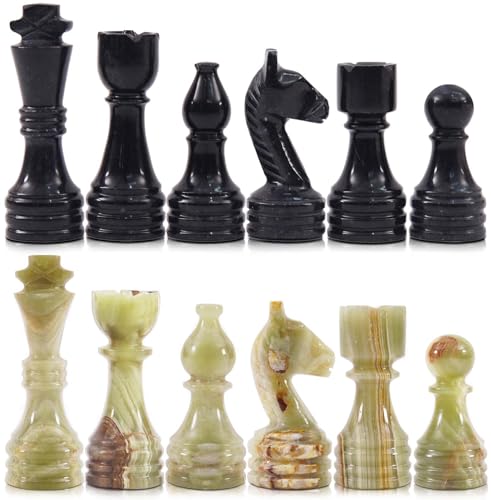 Radicaln Marble Chess Figures 3.5'' Inches Black and Multi Green Handmade Figures for Chess Board Game - Marble Chess Set and Game for Adults, Checker Board Game | Natural Stone, Hand Polished, Premium Finish, 32 playing Pieces, Unique Veining, Timeless D