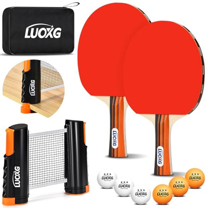Portable Ping Pong Paddles Set of 2 with Table Tennis Net and Balls | 2‑Player Ping Pong Paddles Set with 3‑Star Balls, Retractable Net and Portable Case, Perfect for Family Games