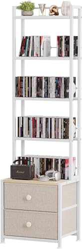 CD Storage Rack with Drawer, 5-Tier DVD Organizer Shelf w/Adjustable Book Stoppers, Media Storage Rack for CD/DVD, Books & Games, Ideal for Living Room & Home Office – 15.7x11.8x56.5Inches - color: White