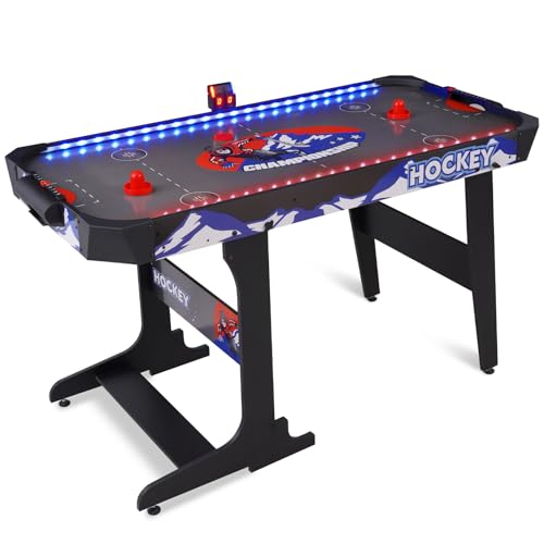 57" LED Light-Up Air Hockey Table, Foldable Arcade Style Air Hockey Game Set w/Accurate Electronic Scoring, in Line Power Switch, Powerful Motor for Kids Adults, Home Game Room - color: Gray Playfield