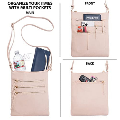 Solene Crossbody Bag Functional Multi Pocket Messenger Purse Top Zip Closure Shoulder Handbag With Adjustable Strap - color: Nude