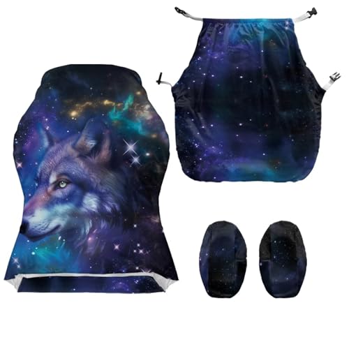Suobstales Galaxy Wolf Pattern Game Chair Cover with 1 Pair Armrest Cover, Anti-Scratch Protection Rotating Chair Slipcovers, Stretchy Covers for Racing Gaming Chair - color: Galaxy Wolf