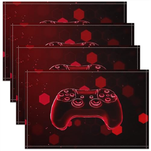 Erosebridal Boys Gaming 4 PCS of Placemats 12x18 Joystick Place Mat for Dining Table Lights Modern Neon 3D Spots Non Slip Table Mats Geometric Red Gamer Hexagon - color: Red