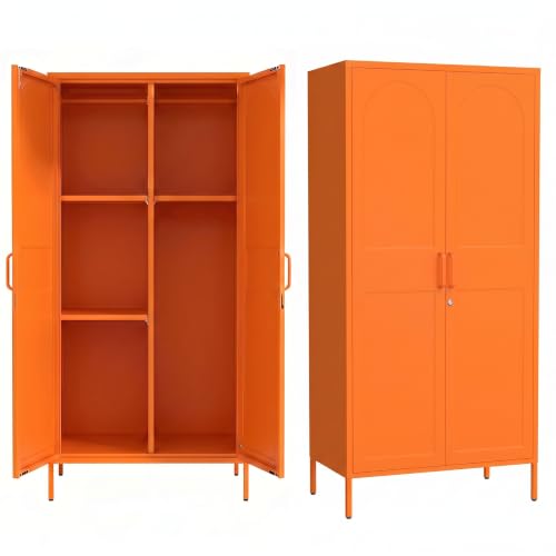 Lockable Closet Metal Wardrobe 67" Orange 2 Door Wardrobe Bedroom Storage Cabinet Adjustable shelf Multi functional metal Storage Cabinet with hanging rail for domestic use 18.1" D x 31.5" W x 67" H - color: Orange, style: armoire-67"H-DU
