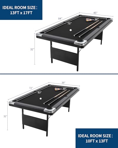 6/7 Foot Pool Table，Foldable Pool Table with Full Set of Balls, 2 Cue Sticks, Chalk & Felt Brush, Portable Billiards Table for Home, Family Game Room, Basement, Man Cave, Mesa De Billar