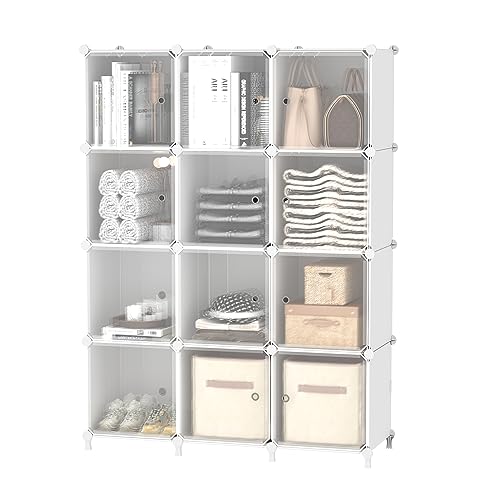 AWTATOS Cube Storage Closet Organizer 12 Cube Storage Shelves with Doors Closet Organizers and Storage Stackable Clothes Organizer for Bedroom, Home Office, White - color: White