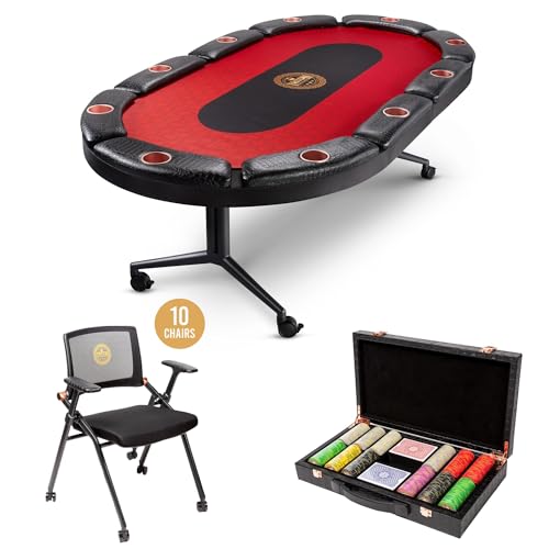 Triton Premium Foldable Poker Table with 10 Chairs and Poker Chips Set 300 - Leather Soft-Padded Armrest, Individual Cup Holders- Premium Chips Set, Individual Chair for Everyone - size: 10 Player with Chips & Chairs