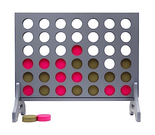 Giant 4 in a Row Game for Family & Adults – Tailgating Pros Jumbo Grey Wooden Four in a Row Indoor & Outdoor Yard Game for Family Party Fun, Portable Activities for Patio, Backyard, and Camping - color: Gold / Pink