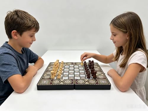 Wooden 3 in 1 Chess Checkers Backgammon Board Game Set, 12 Inch Portable Folding Chess Board, Portable Travel Chess Set for Adults Kids Family Game Night Gift（Non-Magnetic）