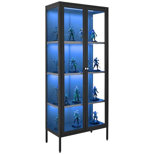 VEVOR Display Cabinet with Glass Door, 66 in Tall 4-Tier Lighted Display Case with 3 Color Lights, Metal Storage Cabinet with 3 Adjustable Shelves, Curio Cabinet for Collectibles Figures Trophy - size: 66in