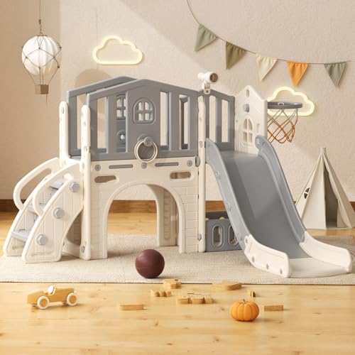 YUFU 8 in 1 Toddler Slide Set, Kids Slide for Toddlers Age 1-3, Toddler Playset with Climber, Basketball Hoop and Ball, Outdoor Indoor Playground for Toddlers 1-3 (Beige+Gray) - color: Beige+gray