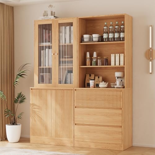 TUSY Tall Bookcase with Glass Doors and Drawers,71'' Wooden Bookshelf with Storage,Display Cabinet for Living Room, Home Office,Set of 2 (A+B)