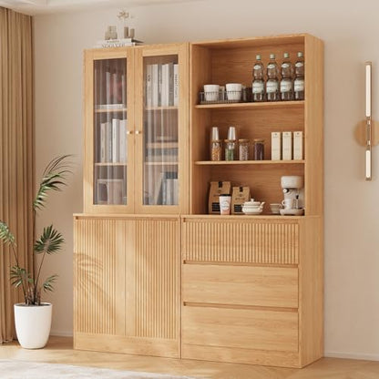 TUSY Tall Bookcase with Glass Doors and Drawers,71'' Wooden Bookshelf with Storage,Display Cabinet for Living Room, Home Office,Set of 2 (A+B)