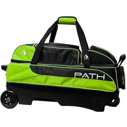 Pyramid Path Triple Premium Deluxe Roller Bowling Bag With Extra Large Separate Shoe Compartment (Up To US Mens Size 16) and 5 Accessory Pockets, 5" Wheels, Retractable Locking Handle - Extends to 42" - color: Black/Lime Green