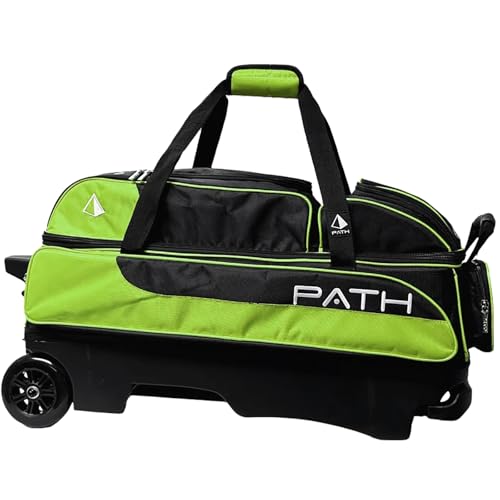 Pyramid Path Triple Premium Deluxe Roller Bowling Bag With Extra Large Separate Shoe Compartment (Up To US Mens Size 16) and 5 Accessory Pockets, 5" Wheels, Retractable Locking Handle - Extends to 42" - color: Black/Lime Green