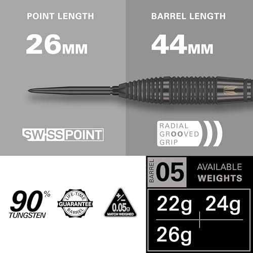 Target Darts Bolide Void 90% Tungsten Dart Set, Steel Tip Swiss Point Darts | 21G/22G/23G/24G/25G/25G | Professional Darts Sets, Black Darts, Swiss Point Tool Included - size: 26G, style: Barrel 05