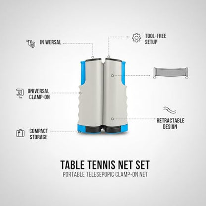 Portable Table Tennis Net Set with Telescopic Clamp, Tool-Free Setup for Dining Tables & Desks, Compact Storage - color: Blue