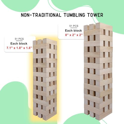 GOTHINK Giant Tumbling Tower Game, Super Large 51pcs Wooden Blocks Stacking Game, Stacking Up to 5.5 Feet, Timber Blocks with Carry Bag, Jumbo Blocks Outdoor Indoor Game Toy Gift for Kids and Adults - size: XL- Up to 5.5FT