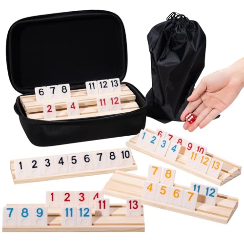 Rummy Cube Game Set 6 Player Edition with 6 Wooden Racks, 160 Large Number Tiles and Portable Zippered Case, Rummy Travel Game Set - Classic Tile Board Games for Family Adults Kids Travel, Ideal Gift - style: 6 players with 160 tiles