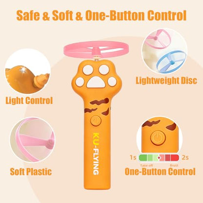 Cat Fetch Toy Launcher, Flying Disc Launcher with Rechargeable & 6 Soft Flying Discs (3 Glow), Easy Use Interactive Toys for Indoor Adult Cats & Kittens for Enrichment