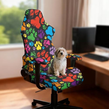 Suobstales Colorful Dog Paw Paint Splatter Pattern Gaming Chair Cover with 2 Armrest Covers, Non Slip Game Chair Cover with Zipper, Dustproof Washable Gaming Chair Seat Cover, Set of 4 - color: Colorful Dog Paw Paint Splatter