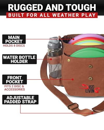 Disc Golf Bag | Frisbee Golf Bag | Easy to Carry | Lightweight Fits Up to 10 Discs | 16 oz Waxed Canvas Sturdy Design | Belt Loop | Double Button Design | Bottle Holder - style: Waxed Canvas - Brown