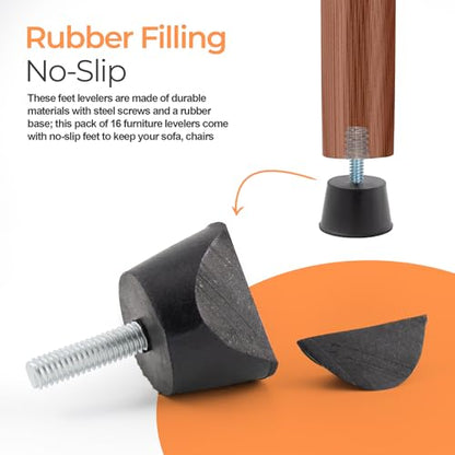 NEWBYTEK M6 Thread Rubber Furniture Leveling Feet Screw in Threaded Furniture Levelers Adjustable Table Chair Levelers Feet Glides for Chairs Tables Cabinet Patio - 16 Pack - size: M6 Thread, 16 Pack