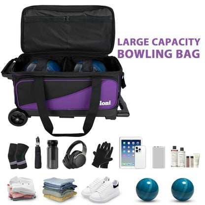 Goloni 3 Ball Bowling Bag with Wheels, 2+1 Double Roller Bowling Bag with Shoe Compartment,Tote Bag for Bowling Accessories - color: 2 Ball-Purple