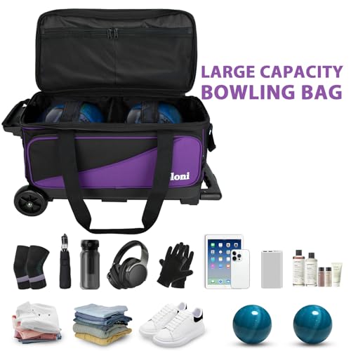 Goloni 3 Ball Bowling Bag with Wheels, 2+1 Double Roller Bowling Bag with Shoe Compartment,Tote Bag for Bowling Accessories - color: 2 Ball-Purple