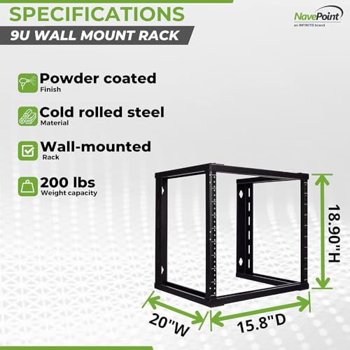 NavePoint 9U Wall Mount Rack - Server Rack for 19 Inch IT Equipment Open Frame Rack – Network Rack for AV & Server Equipment 16” Deep Rack, Black - size: 9U