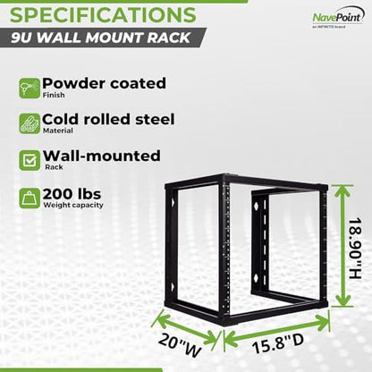 NavePoint 9U Wall Mount Rack - Server Rack for 19 Inch IT Equipment Open Frame Rack – Network Rack for AV & Server Equipment 16” Deep Rack, Black - size: 9U