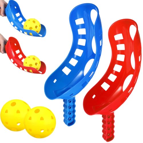 Scoop Ball Toss Game Set with 4 Launchers and 2 Balls Outdoor Backyard Launch and Catch Game for Kids and Family Fun Portable Lightweight Plastic Scoops Suitable for Ages 3 and up