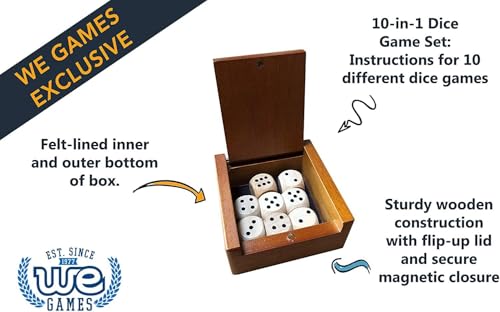 WE Games Wooden Dice Box with 8 Rounded Wooden Dice - Instructions for 10 Dice Games - size: 19mm