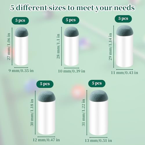 25PCS Slip On Pool Cue Tips 9-13mm Billiard Queue Stick Replacement Kit