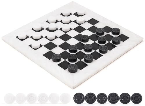Radicaln Marble Checkers Board Game 15" Inches White and Black Handmade 2-Player Tournament Checker Set, Board Game Set – Elegant Holiday - color: White and Black