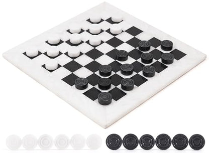 Radicaln Marble Checkers Board Game 15" Inches White and Black Handmade 2-Player Tournament Checker Set, Board Game Set – Elegant Holiday - color: White and Black