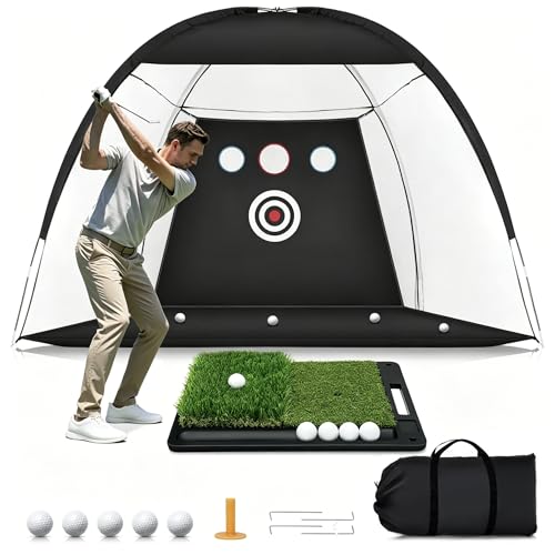 Golf Net: 10x7FT Practice Net with Mat – for Chipping, Swing & Driving Practice –Golf Nets for Backyard, Indoor & Outdoor Use – Ideal Gifts for Men, Women, Dad, Husband, Golfers
