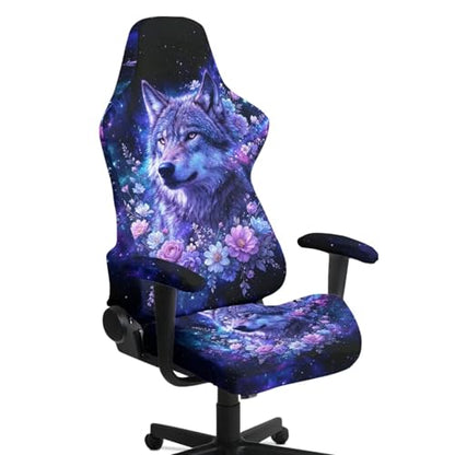 4 Piece Gaming Chair Cover with Armrest Covers Wolf Floral Printed Non-Slip Computer & Gaming Chair Slipcover Easy to Install Universal Fit Office Desk & Racing Computer Gamer Chairs - color: Black and Blue - Wolf Floral