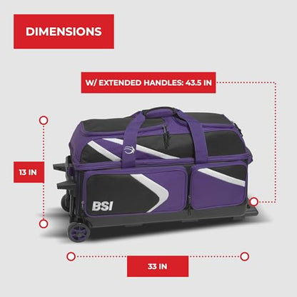 BSI Dash Roller Bowling Bag with Smooth Rolling Wheels, Padded Ball Compartment, Retractable Locking Handle, & Shoe Pocket - color: Black/Purple/White, style: Triple