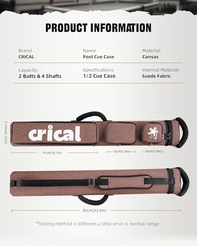 CRICAL Pool Cue Case 2x4 Hard Pool Stick Case Holds 2 Butts and 4 Shafts for Adults Billiard Cue Case with Soft Shoulder Straps - color: Brown