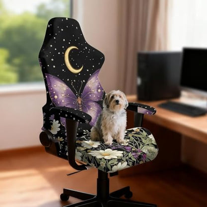 Suobstales Butterfly Moon Flower Print Game Chair Cover with 1 Pair Armrest Cover, Anti-Scratch Protection Rotating Chair Slipcovers, Stretchy Covers for Racing Gaming Chair - color: Butterfly Moon Flower