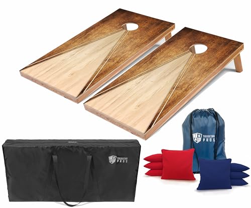 Tailgating Pros Cornhole Boards - 4'x2' Lightweight Regulation Flag & Patriotic Outdoor Themed Cornhole Game w/Carrying Case & Set of 8 Corn Hole Bean Bags w/Tote - color: Faded Cherry Wood Triangle