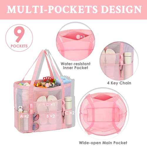 GYEUKHAM Mesh Beach Bag for Women, Sand-Resistant Pool Tote, 9 Pockets (1 Inner Zip), Foldable Family Travel Essentials - color: L-pink