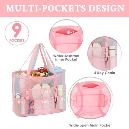 GYEUKHAM Mesh Beach Bag for Women, Sand-Resistant Pool Tote, 9 Pockets (1 Inner Zip), Foldable Family Travel Essentials - color: L-pink